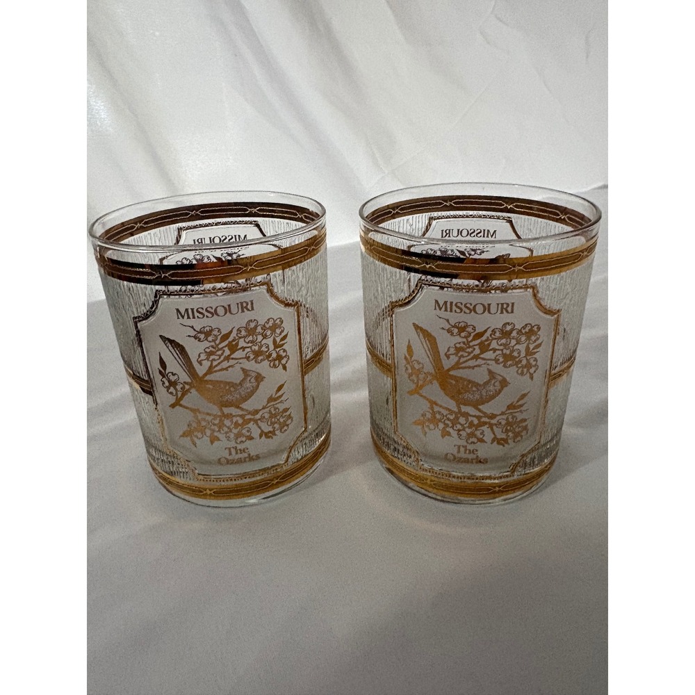 Vintage Missouri The Ozarks Gold Cardinal Rocks Glasses Set of 2 Souvenir Glass